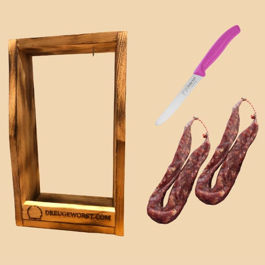 Droog rek voor droge worst inclusief twee droge worsten en worstmesje